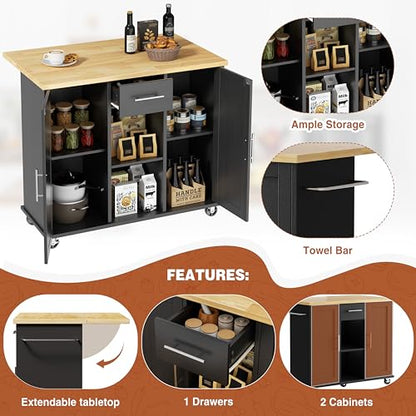 JY QAQA 42" Kitchen Island with Storage on Wheels, Rolling Table with Drop Leaf, Drawers, Cart Handle for Towel Rack or Free Movement, Black - color: Black