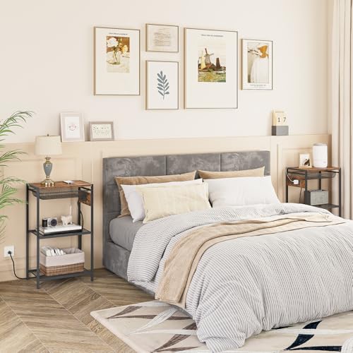 HOOBRO Tall Side Table with Charging Station, Industrial Telephone End Table with Pull-Out Metal Storage Drawer, Tall Slim Nightstand for Living Room, Bedroom, Office, Rustic Brown BF06UDH01
