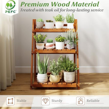 S AFSTAR 3-Tier Folding Plant Stand, Wood Ladder Flower Rack with Anti-falling Bars, Corner Storage Shelves for Book, Decorations, Potted Flower Stand Holder for Living Room, Balcony, Study, No Assembly