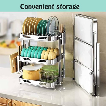 Foldable Dish Rack,Stainless Steel Drain Rack,9.83 * 16.54 * 24IN | 3 Tier Dish Drying Rack,Rustproof Dish Drainer for Kitchen Countertop with Drain Tray,Silver