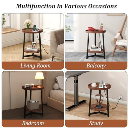 Round Industrial Side Table with Charging Station,2-Tier Round End Table with USB Port & Power Outlet, Nightstand with Metal Frame for Small Spaces, Living Room, Bedroom, Cherry - color: Cherry, style: With Charging Station