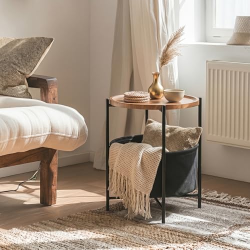 danpinera Side Table with Wood Removable Tray, Nightstand with Basket | Small Round Table for Small Space, Living Room, Bedroom, Nursery, Modern Accent Stand with Serving Tray, Walnut - color: Walnut
