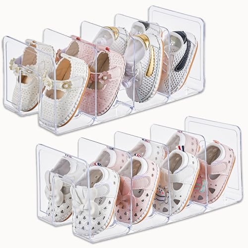 UFORU Acrylic Toddler Shoe Organizer,Kids Shoe Rack for Closet Storage | 2-Pack Clear Small Shoe Rack Stackable 4‑Section Baby Shoe Organizer,Also Organizes Books,Files,Purses and Desk Supplies - color: 2pcs