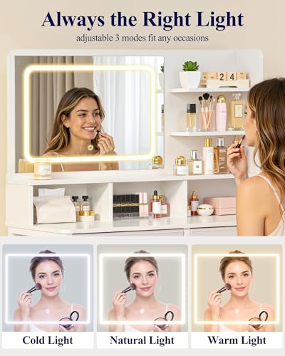 Kitsure Small Makeup Vanity with Lights, Open Shelves, Fabric Drawers | Bedroom, Gifting, 3 Lighting Modes, Stable Frame, 31.5" x 15.8" x 51.2"