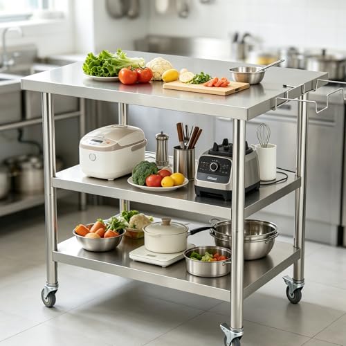 Garvee Stainless Steel Curved Edge Work Table 60 inch Double Layer, Heavy Duty Commercial Prep Table with Hook, 0.7mm Thick - size: 60*24*35inch