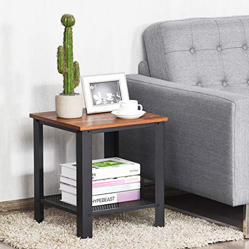 Small Side Table, 2-Tier End Table with Mesh Shelves & Metal Frame, Industrial Sofa Side Table w/Adjustable Feet for Living Room, Nightstand for Small Space, Dorm, Bedroom (1)