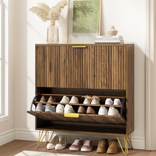 Shoe Cabinet with 2 Flip Drawers Walnut, Fluted Shoe Cabinet Storage for Entryway Slim, Mid Century Narrow Shoe Organizer, Modern Freestanding Shoes Rack for Entryway, Walnut - color: Walnut, size: 2 Drawers