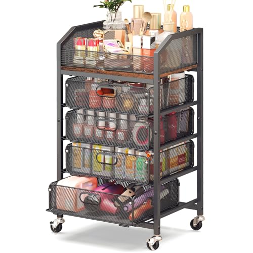 Goovilla Rolling Makeup Organizer Cart with Drawers, 5 Tier Metal Floor Skincare Vanity Organizers with Lockable Wheels, Make Up Storage Cart for Cosmetics Display, Nail Polish, Perfume, Black - color: Black