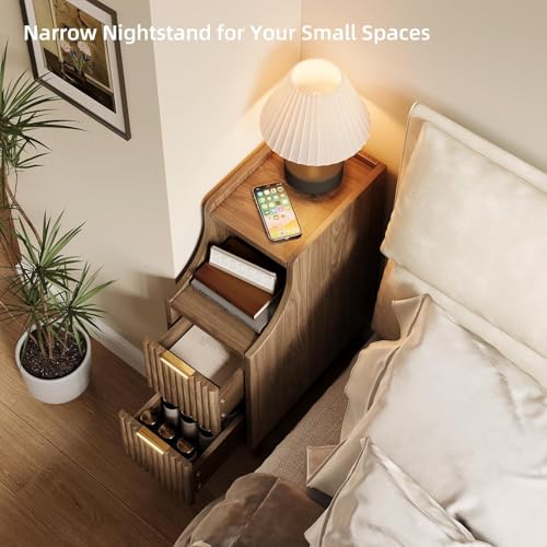 7.9" Narrow Fluted Nightstand Set of 2,Slim Side End Table with 2 Drawers,Black Modern Bedside Table,Skinny Night Stand for Small/Compact Space, Motorhome (Walnut) - color: Walnut