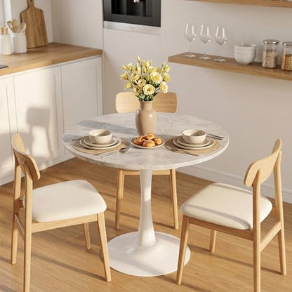 27.6" Marble Round Tulip Table, Mid-Century Modern Style Dining Table with White Pedestal Base for 2-4 People, Featuring A Marble Tabletop for Kitchen, Dining Room, Cafe (Light Grey) - color: Light Grey#white