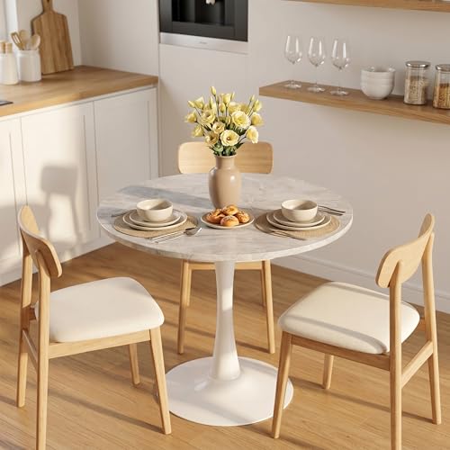27.6" Marble Round Tulip Table, Mid-Century Modern Style Dining Table with White Pedestal Base for 2-4 People, Featuring A Marble Tabletop for Kitchen, Dining Room, Cafe (Light Grey) - color: Light Grey#white