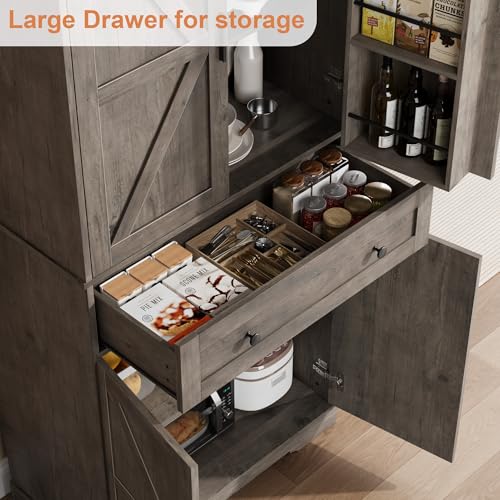 Garvee 71" Kitchen Pantry Cabinet, Barn Door Freestanding Cupboard with Drawer, Sliding Storage Rack, and 6 Hanging Shelves for Kitchen, Dining Room, Living Room Bedroom - color: Grey