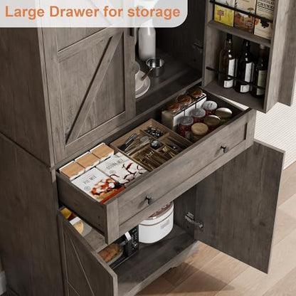 Garvee 71" Kitchen Pantry Cabinet, Barn Door Freestanding Cupboard with Drawer, Sliding Storage Rack, and 6 Hanging Shelves for Kitchen, Dining Room, Living Room Bedroom - color: Grey