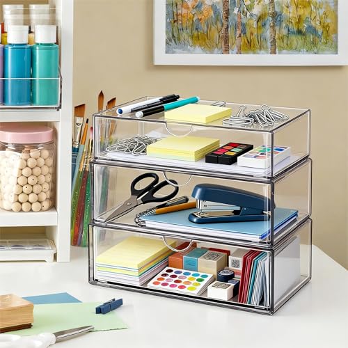 Medicine Cabinet Organizer with Removable Dividers, 3-Tier Stackable Drawer Storage for Bathroom, RV, Vanity, Countertop & Desk - size: 3 Tier Clear