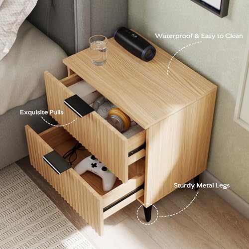 SUNWAVE Fluted Nightstand Set of 2, Modern Night Stands with 2 Drawers | Bedside Table for Twin/Full/Queen Bed, End Table with Robot-friendly Metal Legs for Bedroom, Living Room - color: 2 Drawers-2pcs-oak