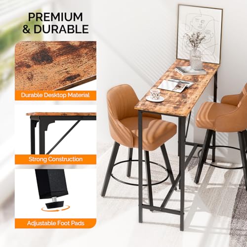 VINGLI 55 Inch Bar Table, Rectangular Counter Height Home Pub Table, Brown | High Top, Multi-Scene Use for Kitchen Dining Living Room Sofa Entryway, Wooden Tabletop & Metal Base, Easy to Install - color: Brown, size: 55"L