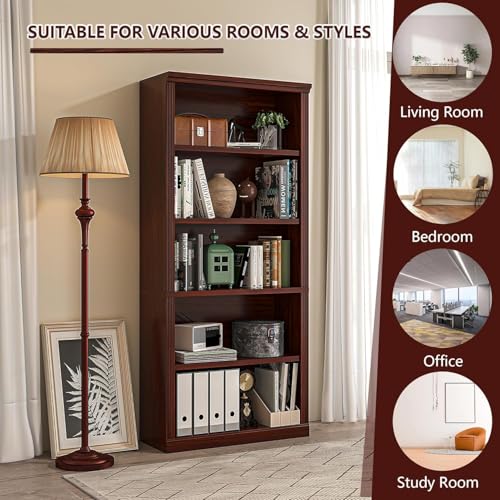 5- Shelf Bookcase, Wood Book Shelf with Bookshelves | Zhiseek Tall Bookshelf, 30.7"W x 12.8"D x 68.4"H, Cherry, Living Room, Library, Office - color: Cherry, size: 5-Tier