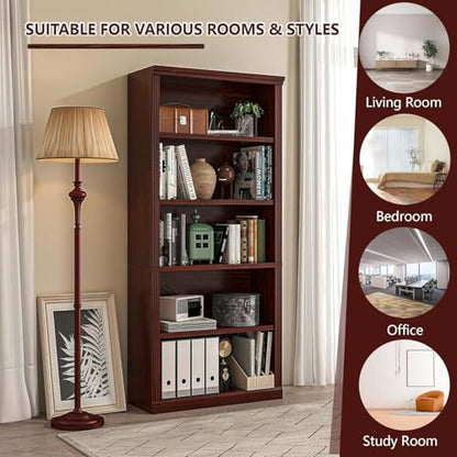 5- Shelf Bookcase, Wood Book Shelf with Bookshelves | Zhiseek Tall Bookshelf, 30.7"W x 12.8"D x 68.4"H, Cherry, Living Room, Library, Office - color: Cherry, size: 5-Tier