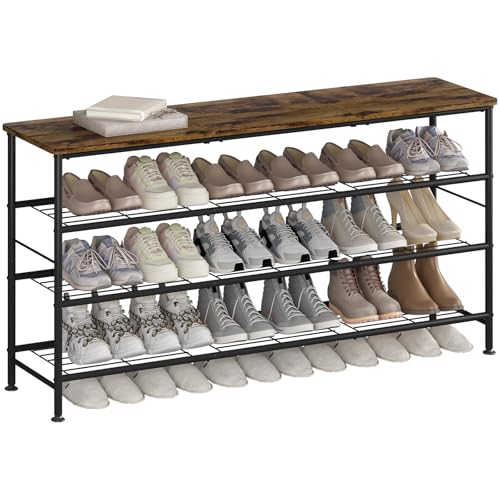 SUOERNUO Shoe Rack Organizer 4 Tier for Closet Entryway Free Standing Metal Storage Shoe Shelf with MDF Top Board (Black+Rustic Brown, Large 4 Tier) - color: Black+rustic Brown, size: Large 4 Tier