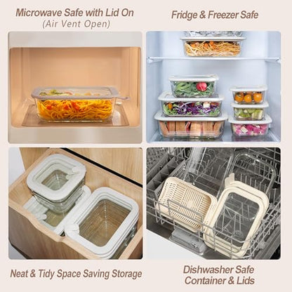 Urban Green Glass Food Storage Containers with Glass Lids, Microwave Safe Food Container Set, Aitight Meal Prep Container Set, LeakProof, 100% Plastic Free, 5 Pack - color: Ivory White -5p