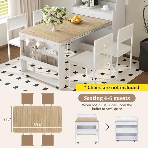 Spaco 2-in-1 Folding Dining Table and Buffet Cabinet Set,Compact Pull-Out Kitchen Table with Wheels,Storage Shelf and Side Hooks,Multifunctional Cupboard for Small Place (White & Oak) - color: White & Oak