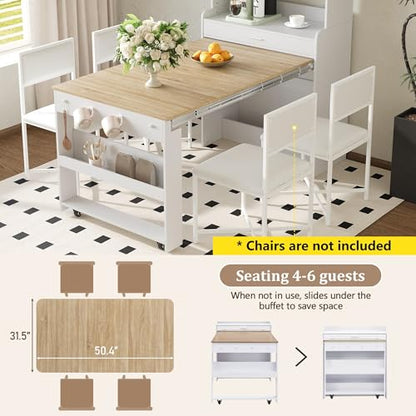 Spaco 2-in-1 Folding Dining Table and Buffet Cabinet Set,Compact Pull-Out Kitchen Table with Wheels,Storage Shelf and Side Hooks,Multifunctional Cupboard for Small Place (White & Oak) - color: White & Oak