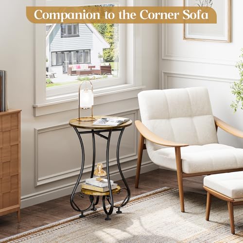X-cosrack Small Round Side Table with Lower Shelf for Small Spaces, Compact End Table for Sofa, Bedside Nightstand, Coffee & Drink Table for Living Room, Bedroom, Balcony - color: Rustic Spliced Wood