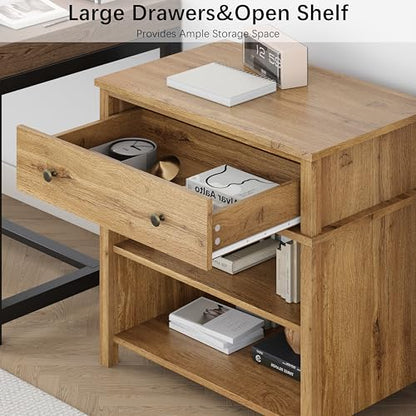 End Table with Drawer and 2 Tier Shelves, Wood Sofa Side Table for Living Room, Modern Nightstand Bedside Table for Bedroom, Small Console Table for Entryway, Hallway, Natural - color: Natural