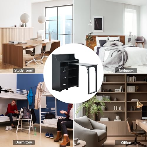 Folding Desk with Storage,Hidden Desk with Lockable Drawers & Shelves, Built-in Power Outlet,Fold Out Desk for Study and Home Office - color: Black