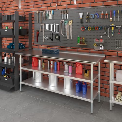 AmGood Stainless Steel Work Table with 1.5" Backsplash and 2 Shelves | Metal Kitchen Food Prep Table | NSF (72" Long x 24" Deep) - size: 72" Long x 24" Deep