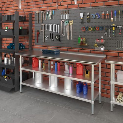 AmGood Stainless Steel Work Table with 1.5" Backsplash and 2 Shelves | Metal Kitchen Food Prep Table | NSF (72" Long x 24" Deep) - size: 72" Long x 24" Deep