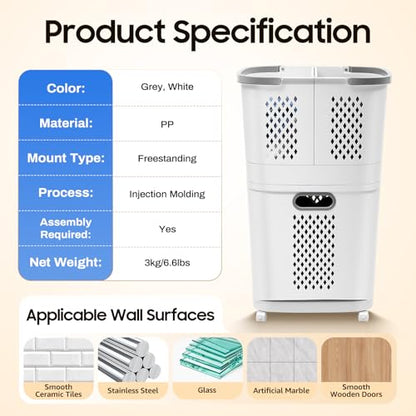 2-Tier Rolling Laundry Hampers, Space-Saving Removable Clothes Hamper Organizer, Modern Grey/White Rolling Storage Cart for Bedroom, Laundry Room, Bathroom