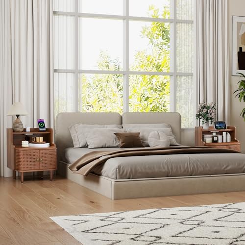 Storage End Table with 2 Door, Bed Side Table with Charging Station, Metal Rattan Nightstand for Bedroom, Desk Side Table for Living Room Couch Sofa, Office, Small Spaces - Walnut - size: Door Walnut-1pcs