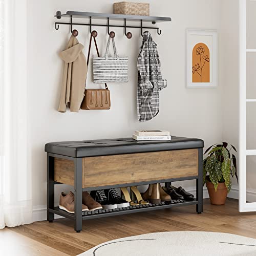 HOSTACK 40" W Storage Bench, Entryway Shoe Bench with Cushion, Rustic Brown | Wood Metal Bench with Flip-Open Hidden Storage, Ottoman Bench with Padded Seat & Shoe Rack for Hallway, Bedroom, Living Room - color: Rustic Brown