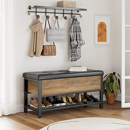 HOSTACK 40" W Storage Bench, Entryway Shoe Bench with Cushion, Rustic Brown | Wood Metal Bench with Flip-Open Hidden Storage, Ottoman Bench with Padded Seat & Shoe Rack for Hallway, Bedroom, Living Room - color: Rustic Brown