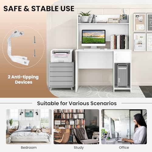 Tangkula Computer Desk with Hutch, Home Office Desk with Raised Display Shelf & 2 Open Shelves, Cabinet with Door, Cable Management Holes, Modern Laptop PC Desk, Study Writing Desk for Bedroom