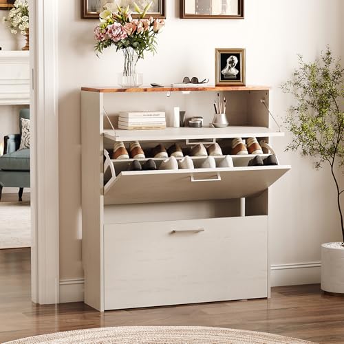 VINGLI Shoe Cabinet for Entryway, Farmhouse Slim Shoe Rack Storage with 3 Flip Drawers, Rustic Brown Top & Washed White Body, Narrow Hidden Shoe Organizer for Hallway, 9.5" Depth - color: Rustic White + Vintage Brown-ⅰ, size: 31.5"W