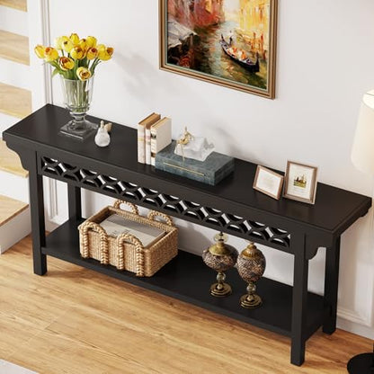 Tribesigns 70.8-Inch Solid Wood Long Console Table, Farmhouse Entryway Table with Storage, Narrow Sofa Table Grey Couch Table for Living Room Entryway Hallway (Black) - color: Black