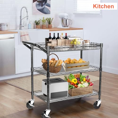 BolDuck Heavy Duty Utility Cart, 990Lbs Capacity 3 Tier Rolling Carts with Wheels, Kitchen Cart on Wheels with Storage, Commercial Grade Metal Serving Carts with Wire Shelving &Handle Bar, Black - color: Black