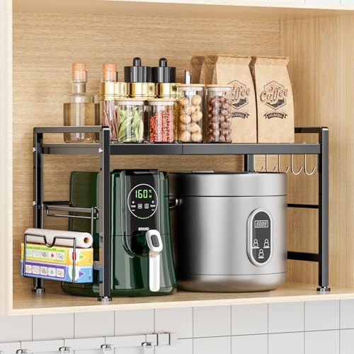 YIUKEA Extendable Microwave Oven Rack - Adjustable Kitchen counter shelf, 2 Tier Microwave Stand (L15.7~23.6" xW12.8 xH17.7) with 6 Hooks for Kitchen Countertop Organizer (Black) - color: Black