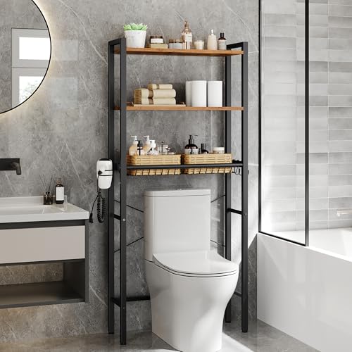 VASAGLE BARNET Collection - Over the Toilet Storage, Over Toilet Bathroom Organizer with Adjustable Shelves and Basket, 3 Hooks, Space Saving, 9.4 x 23.6 x 63 Inches, Rustic Brown UBTS113KD01S - color: Rustic Brown, style: 3 Tiers (63" H)