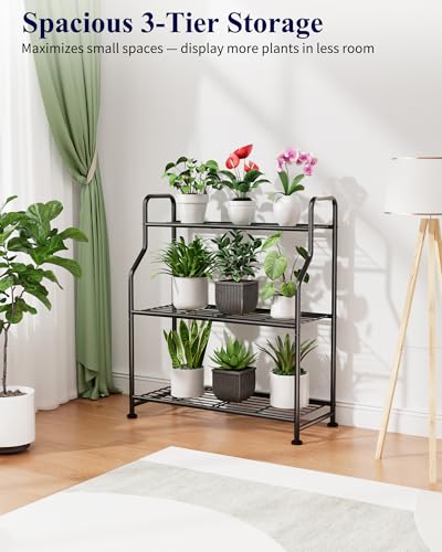 Kitsure 3-Tier Plant Stand Indoor & Outdoor, 27" x 11.4" x 29.3", Black | Metal Plant Shelf with Adjustable Leveling Feet, Easy to Assemble Planter Stand for Patio, Balcony, or Garden, Plant Shelves - size: 27" x 11.4" x 29.3"