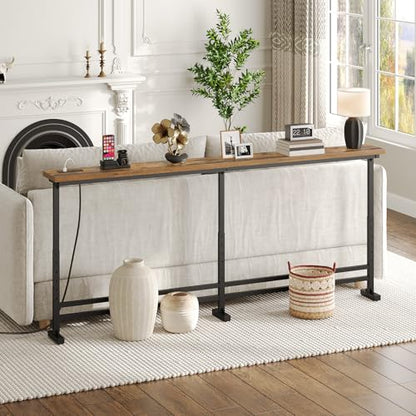 YATINEY 78.7" Console Table with Adjustable Height (27.6"-35.4") and Power Outlet, Skinny Behind Couch Table, Narrow Long Sofa Table for Living Room, Hallway, Entryway, Rustic Brown and Black CT09UBR - color: Rustic Brown + Black, size: 78.7"L x 5.9"W x 2