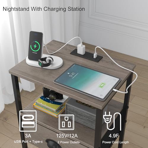 sthmec Nightstands Set of 2, Night Stands with Charging Station and Fabric Drawer, Grey Bedside Tables with Drawers, 2- Tier Side Table with Storage, Nightstands with Charging Station,Grey - color: Grey, style: Power
