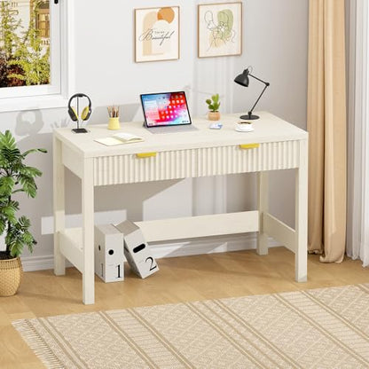 YOMILUVE Fluted Computer Desk with 2 Drawers, 39 Inch Small Computer Desk with Storage, Compact Writing Study Vanity Desk for Small Spaces, White - color: White