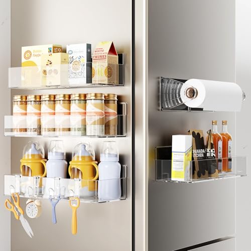 Mystozer Magnetic Spice Rack for Refrigerator, 4 Pack Magnetic Shelf and 1Pack Paper Towel Holder,Fridge Organizers and Storage Clear(5 Pack) - color: Clear, size: 5 Pack
