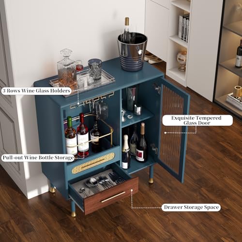 ARTPOWER Modern Coffee Bar Cabinet with Pull-Out Wine Storage, Blue | Bar Cart with Wine Glass Rack and Drawers, Liquor Cabinet for Kitchen, Dining Room, Living Room - color: Blue