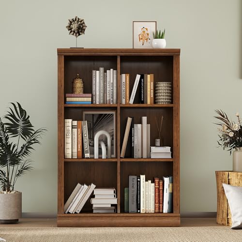 3 Tiers 6 Cube Storage Organizer Bookcase, 30 inch Width Wooden Book Shelf | 6 Storage Cube Adjustable Space Book Case, Vertical Bookshelf Display Cabinet Organizer for Home Library Office, Vintage Oak - color: Vintage Oak, size: 3-tier 6-cube