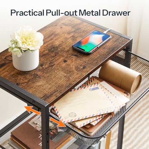 HOOBRO Tall Side Table with Charging Station, Industrial Telephone End Table with Pull-Out Metal Storage Drawer, Tall Slim Nightstand for Living Room, Bedroom, Office, Rustic Brown BF06UDH01
