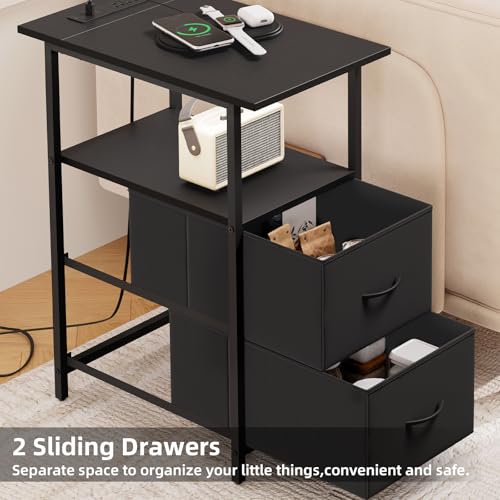Somdot End Table with Charging Station, Narrow Side Table with 2 Fabric Drawers, Skinny Nightstand with Storage, Small Slim Bedside Table for Living Room, Sofa, Bedroom, Couch, Black - color: Black